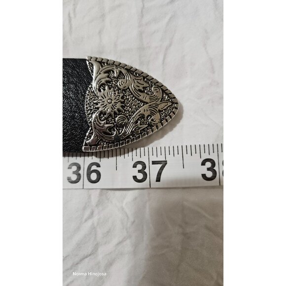 No Boundaries Western-Style Black Faux Leather Belt With Ornate Silver Buckle & - Picture 8 of 10